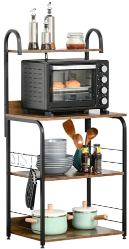 HOMCOM Estantería de Cocina de 4 Niveles Estante de Cocina con Ganchos Estantería para Microondas 60x40x125 cm Marrón Rústico y Negro