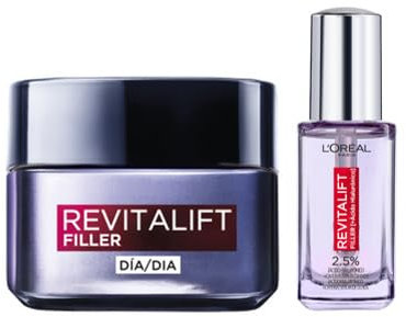 Pack L'Oréal Paris Crema de Día Rellenadora Anti-edad Revitalizante Revitalift Filler, 50 ml + L'Oreal Paris Dermo Expertise Revitalift Filler Sérum de Ojos con Ácido Hialurónico y Cafeína, 20 ml