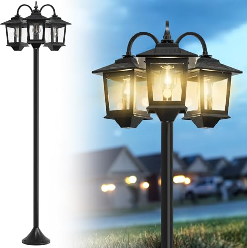 Joyoowild 73 Aluminum Solar Lamp Post Light, 3-Head Solar Light Posts for Outside Waterproof, 90Lm Outdoor Lamps for Patio, Backyard, Front Porch Decor, Warm White, Replaceable Bulb