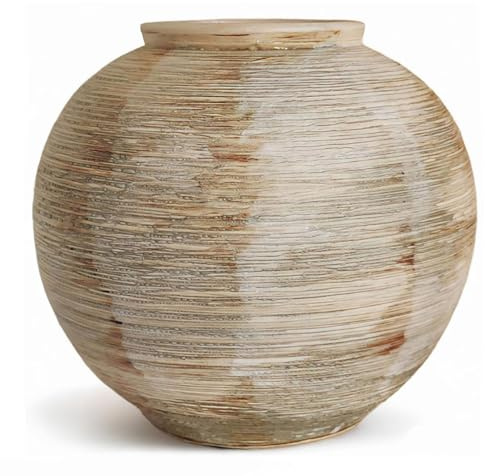 Rustic Ribbed Vase Home Decor - 6 in Ceramic Vintage Farmhouse Vases for Decor, Decorative Terracotta Round Bowl vase for Living Room, Table, Shelf, Kichen Decor
