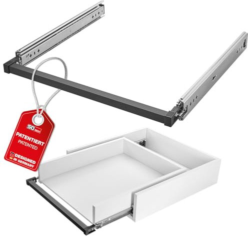 SOTECH VarioSlide Pat. Schubladenauszug Komplettset Schwerlastauszug KV2-100-H53-850 EH 850 mm bis 100 kg Einhandverriegelung schwarz eloxiert für Schubladen ohne Front bis 1200 mm Breite, Caravan,