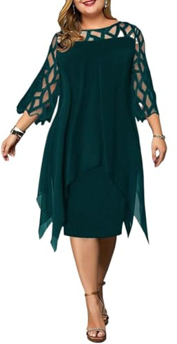 Meichoon Vestido de Talla Grande Chifón Fluido con Panel de Encaje Mangas 3/4 y Dobladillo Asimétrico Artístico para Mujeres Verde Oscuro 3XL