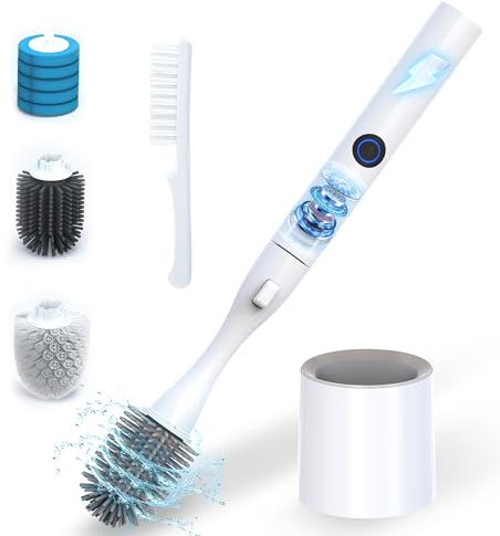 Miadore Scopino elettrico per WC con supporto, scopino automatico a mani libere con 3 testine di ricambio (silicone/nylon/monouso) e spazzola per fessure, set compatto per la pulizia del bagno per