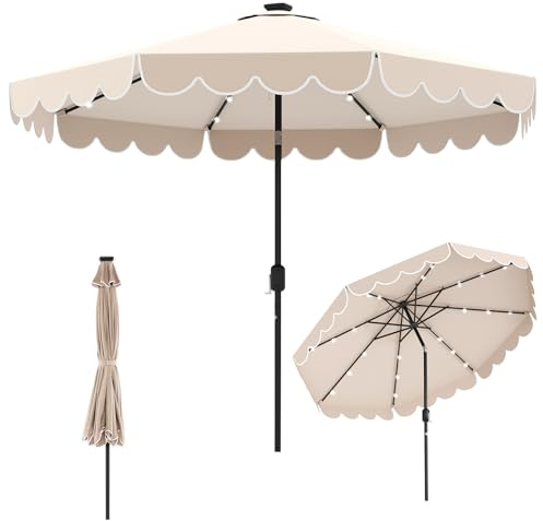COSTWAY 300 cm parasoll med LED-belysning, trädgårdsparaply med vev och volang, böjbar på båda sidor 35°, terrassskärm med 8 spröt, marknadsparaply för balkong, trädgård, terrass, Beige, 300 cm