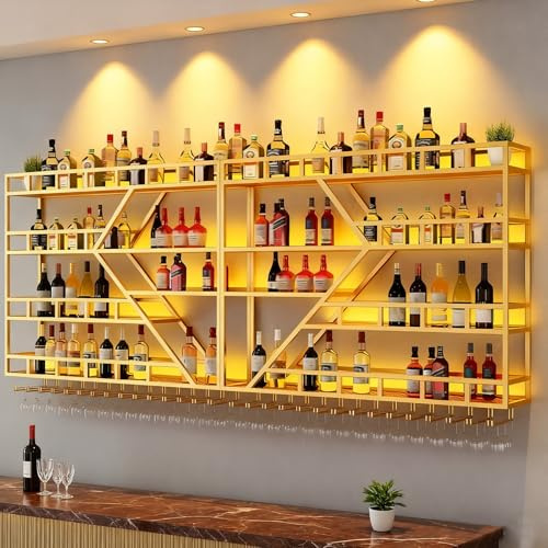SPTZQURY Wall Mounted Wine Rack, Modern Diamond Shaped Floating Bar Wine Storage Display Shelf, 3 Tier Metal Industrial Liquor Bottles Shelves Wine Glass Holder (Gold, 4 tier,160cm)