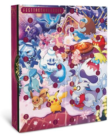 Pokémon Sammelkartenspiel Adventskalender 2025 Festtagskalender mit 25 Überraschungen (Holo-Karten, Boosterpacks, Funpacks, Münzen, Stickerbögen)