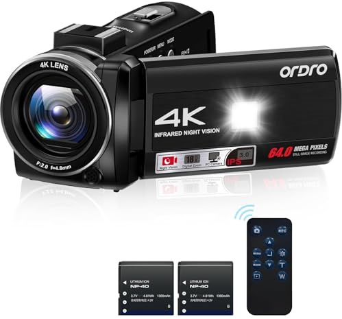 ORDRO Z36 4 K/30 fps, telecamera Vlogging da 64 MP con zoom digitale 18 X, luce a LED, schermo da 3,0 pollici, visione notturna a infrarossi, fotocamera per YouTube
