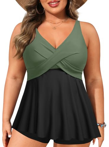 Plus Size Tankini Top Only - Flowy Bathing Suits Top Plus Size Swim Top Army Green 22W
