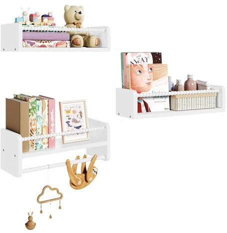WOLTU Juego de 3 Estantes de Pared de Madera Infantil, 40cm Librería Infantil Específica, Estante Flotante de Madera Maciza, Adecuado para Habitaciones Infantiles y Guarderías, Blanco