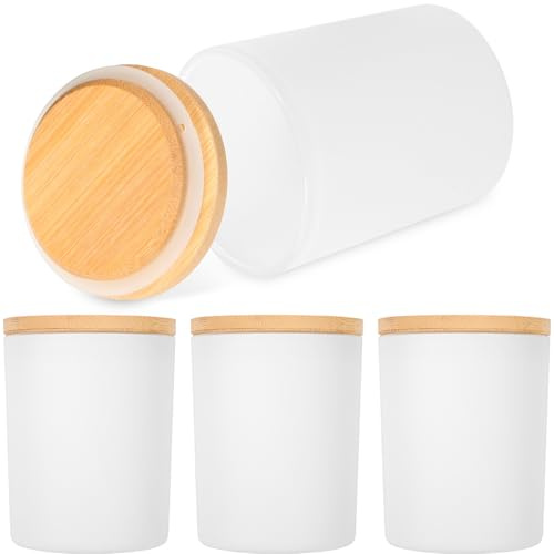 Yardwe Lot de 4 Sets de Sets de Pots en Verre Givré Blanc 70 avec Couvercles en Bambou pour Fabrication de Bougies D'aromathérapie, Photophores Vides Réutilisables, Accessoires Déco
