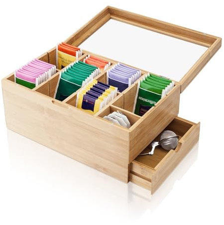Amazy Bambus Teebox für Teebeutel (extra groß) - 31 x 19 x 14,5cm - Dekorative hölzerne Teeaufbewahrungsboxen für Teebeutel mit 8 verstellbaren Unterteilungen und Schubladen