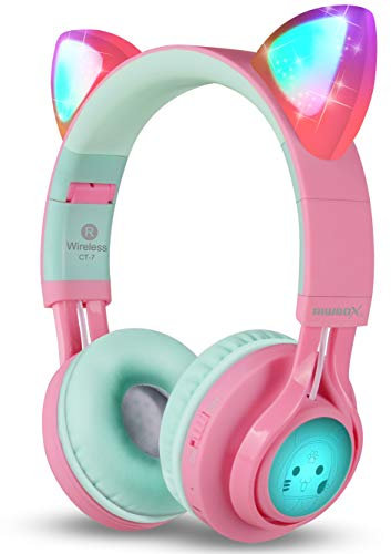 Riwbox Bluetooth Headphones, CT-7 Cat Ear LED Light Up Wireless Foldable Headphones Over Ear with Microphone and Volume Control for iPhone/iPad/Smartphones/Laptop/PC/TV