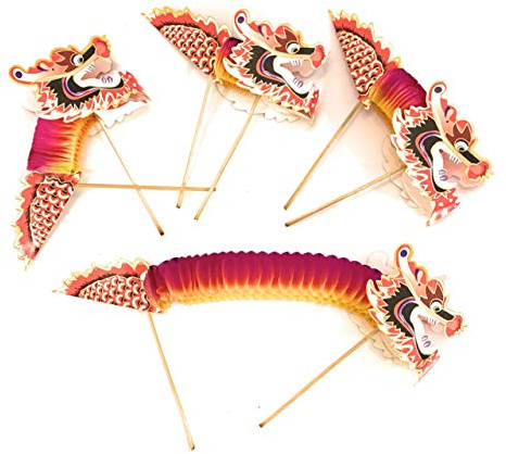 Caprilite 4 Large Chinese Paper Dragon Puppets on Sticks - Childrens Kids Chinese New Year Decorations Toy Gift
