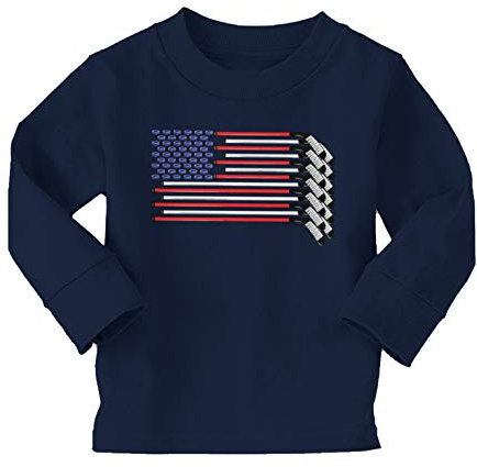 Haase Unlimited American Flag - Hockey Sticks Pucks Long Sleeve Toddler Cotton Jersey Shirt (Navy Blue, 5T/6T)