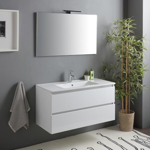 Kiamami Valentina - Mobile bagno con cassetti 100cm bianco lucido, lavabo e specchio con lampada | Benaco