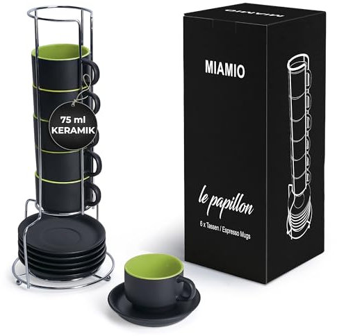 MIAMIO - 6 x 75 ml Espressotassen Set/Espresso Tassen Set mit Untertasse & Ständer - Kaffeetassen Set 6er Kaffeebecher Keramik - Le Papillon Kollektion (Grün)