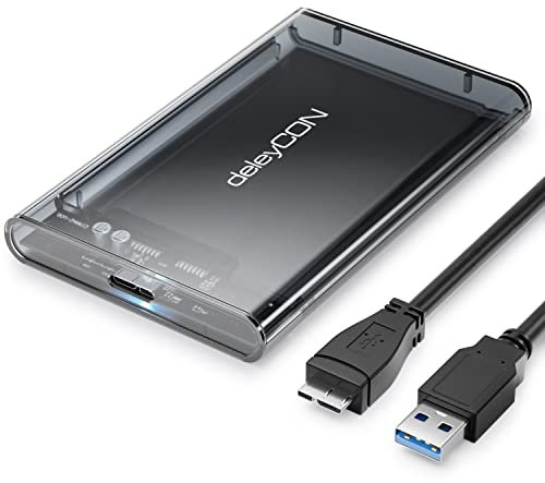 deleyCON SSD Festplattengehäuse USB A (5Gbps USB 3.1) für 2,5“ Zoll SATA 3 SSD / HDD / 7 mm bis 9,5 mm SATA III Festplatten Externes Gehäuse UASP [Transparent Grau]