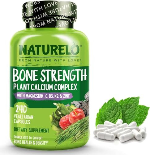 NATURELO Bone Strength - All-in-One Balanced Formula - Plant-Based Calcium, Magnesium, Potassium, Vitamin D3, K2 and Vitamin C - 240 Vegan Capsules | 2 Month Supply