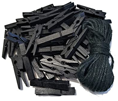 1.9 Inch Black Wooden Clothespins for Pictures Halloween Diy Art Crafts Clothesline Clips Laundry with Jute Twine Pack 50