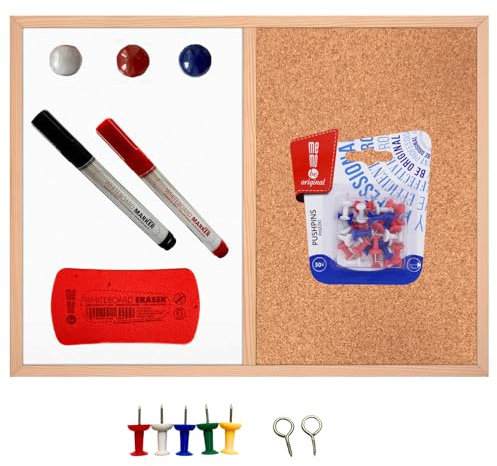 Kombitafel Whiteboard und Kork Pinnwand Magnettafel Korktafel Wandtafel Tafel 60x40 cm Holzrahmen mit Zubehör