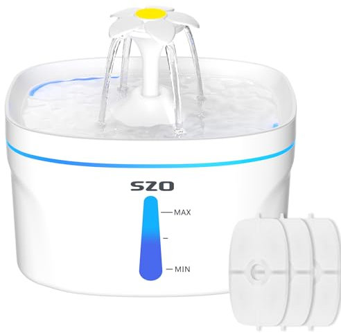 SZO Katzenbrunnen, 2,5 L Ultraleise Trinkbrunnen für Katzen, mit LEDLicht, 3 teiliger Aktivkohlefilter,3 Wasserströmungsmuster，Katzenbrunnen für Katzen, Geeignet für eine breite Palette von Haustieren