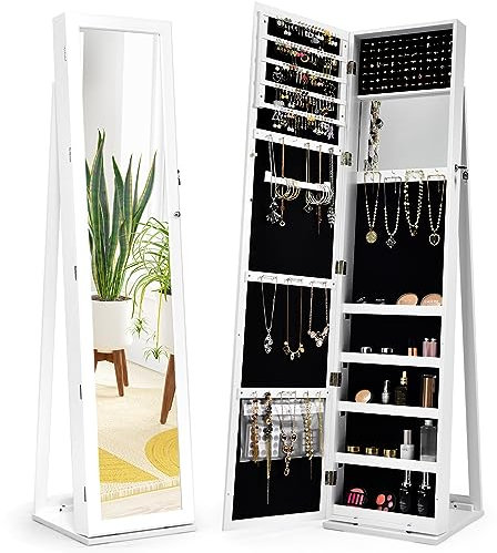 HOMASIS 3 in 1 Schmuckschrank mit 2 Spiegeln & Leiterregal, abschließbares Schmuckregal mit Ganzkörperspiegel & Kosmetikspiegel aus Holz, drehbarer Spiegelschrank für Ketten Ringe Ohrringe (Weiß)