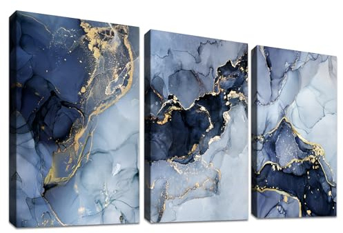 3 Panels Wooden Framed Navy Blue White Gold Marble Canvas Wall Art Painting on Canvas Print Picture for Living Room Hallway Stairs Bedroom Bathroom Wall Decor Ready To Hang 120x60cm(16x24x3pcs)