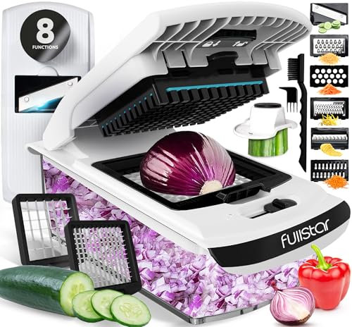 Gemüseschneider Mandoline Gemüsehobel - Gemüse Schneider Gurkenhobel Zwiebelschneider Kartoffelschneider Obstschneider - Reibe für Gemüse und Käse - Julienneschneider (8-in-1 PRO Weiß)