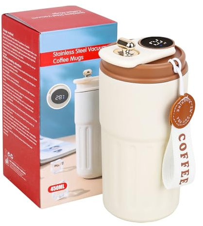 smtfcty Water Bottle Coffee Flask with Temperature Display, 450 ml Insulated Travel Coffee Mug Reusable Thermal Cups with Leakproof Lid for Hot and Cold Coffee Water
