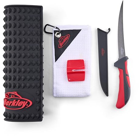 Berkley Hook ‘Em and Cook ‘Em Fillet Kit, Includes 20” x 12” Rubber Fillet Mat, 7” XCD Stainless Steel Knife, Handheld Knife Sharpener and Microfiber Towel