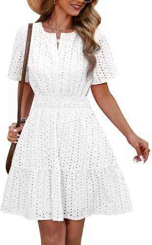 Yuson Girl Vestido Mini de Verano con Manga Corta Cuello V Elegante Bohemio Cintura Alta Algodón Casual de Playa para Mujer