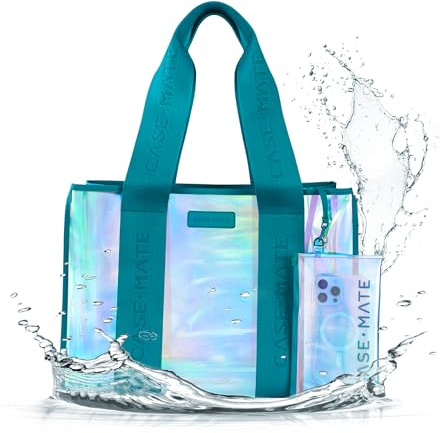 Case-Mate Emerald Blue Jelly Tote – Iridescent Tote Bag with Phone Pouch for Women – Waterproof, Tip-Proof, Foldable & Washable – Handbag for Everyday Use, Travel, Pool & Vacation - Large