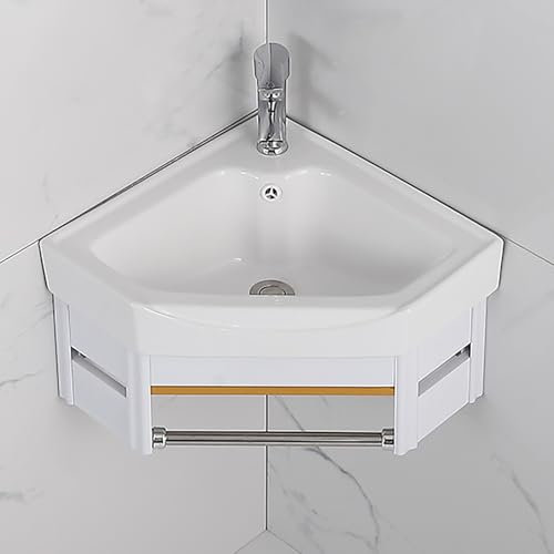 Lavabo D'angle Mural avec Porte-Serviettes, Mini-Lavabo en Céramique avec Robinet et Support, Petit Lavabo Vasque avec Trop-Plein(38cm/15in)