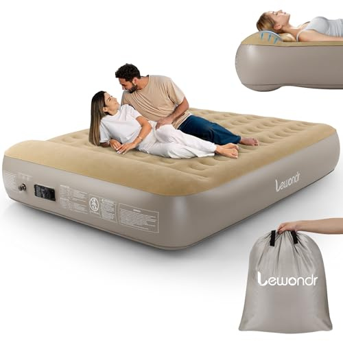 Lewondr Luftbett 2 Personen mit Eingebauter Pumpe, 203x152x33CM Aufblasbare Matratze mit Kissen, 3 Min Luftmatratze Selbstaufblasend Luftbett für Camping Haus Gäste Reisen(250kg MAX), Khaki
