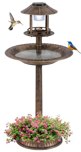 COSTWAY fågelbad med solcell, blomkruka, fågelmatningshus och stativ, fågelmatningsstation retro, foderdispenser fågelmatare, vilda fåglar fågelbad trädgård, Ø 50 x 107 cm (brons)