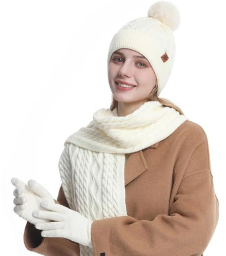 MAZELIKEHOOD Set Sciarpa Cappello Guanti Donna Inverno Caldo Cappello di Bobble con Sciarpa a Maglia e Guanti Tessuto Morbido e Comodo Moda Accessori Invernale Ideale per Regalo di Natale