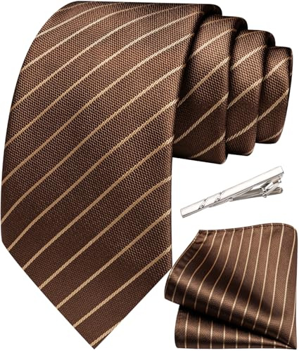 Ailisus Mens Brown Gold Ties 63''(160cm) Extra Long Classic Striped Tie and Pocket Square Set Silk Necktie for Formal Wedding Party