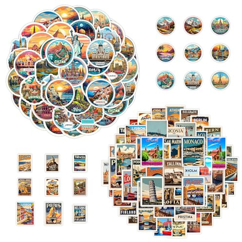 DUINIU 50 Adesivi della Serie di Viaggi Europei, 50 Adesivi dei Punti di Riferimento del Mondo, Decorazione Dell'Account Manuale Fai-da-Te, Adatto per Quaderni, Album Fotografici, Valigie.