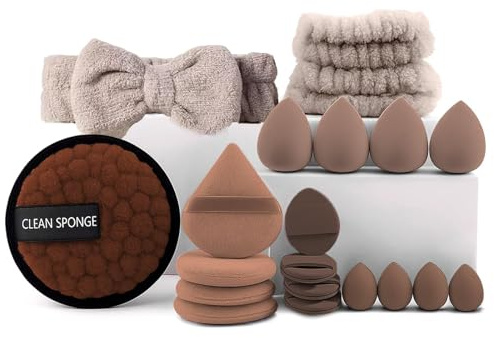 Juego de 20 esponjas de maquillaje para base de maquillaje, esponjas faciales para aplicación húmeda y seca con diadema, bandas para la muñeca para líquidos
