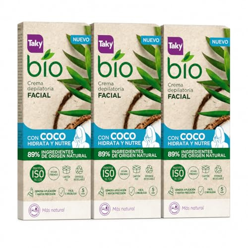 Taky Bio Crema Depilatoria Facial con Coco 20 ml, Pack de 3 Unidades, 89% Ingredientes de Origen Natural, Hidratante y Nutritiva, Fácil Enjuague, Aplicación Precisa, Vegan Friendly