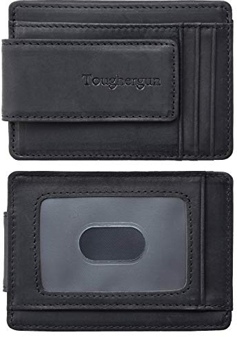 Toughergun Slim Wallet for Men RFID Blocking Money Clip, Minimalist Front Pocket Credit Card Holder, Magnetic Thin Mens Wallets with ID Window(Black)