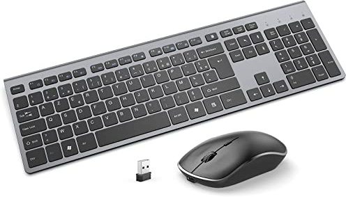 JOYACCESS Ensemble Clavier Souris sans Fil,AZERTY Clavier Souris Fil avec Batteries Rechargeables,Connexion 2,4 GHz Stable, Ergonomique Silencieuse Idéal pour PC,Ordinateur Portable-Gris foncé