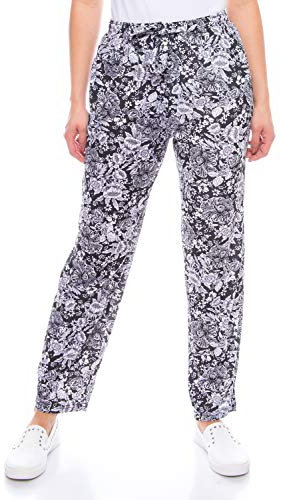 Kendindza Damen Sommerhose Sommer Hose Lang Leicht Freizeithose Blumen aus Baumwolle (Schwarz | Muster: Blumen, L)