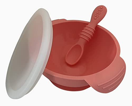 HOUSE OF LUXX 3 Piece Silicone Suction Weaning Set, with Bowl, Spoon, Lid Baby Weaning BPA-Free (Peach)