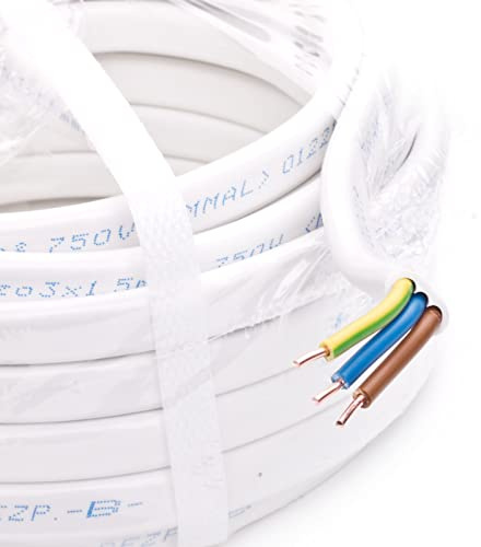 Stromkabel Flachkabel Mantelleitung Elektrokabel Flach Feuchtraumkabel YDYp NYM-J 3x2,5 mm2 450/750V Kabel Elektroleitung - 5m Ring