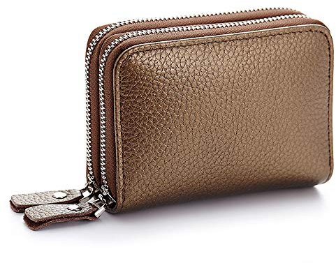 JUVEL Porte-Monnaie en Cuir véritable pour Femme - Porte-Cartes de Crédit en Cuir Double Zipper Change Pouch Wallet Card Holder Porte-Monnaie Mini Simple Coin Pocket (Bronze)