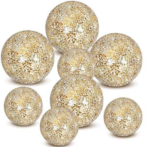 Qinyoung Gold 8 Pcs Decorative Ball for Bowls, 3'' 4'' Glass Mosaic Sphere Decorative Orbs for Centerpiece Bowls Vase Fillers, Wedding, Party, Coffee Table & Home Decor