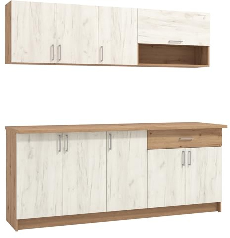 Homestyle4u Küchenzeile 200cm ohne Elektrogeräte - Moderner Küchenschrank mit viel Stauraum und Arbeitsplatte in Weiß und Holzoptik - Einbauküche kompakt