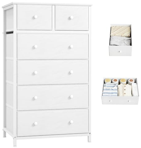 Somdot Chest of Drawers for Bedroom with 6 Drawers, Storage Cabinet Storage Unit with Fabric Drawers for Closet Nursery Living Room Laundry Hallway, White Leather
