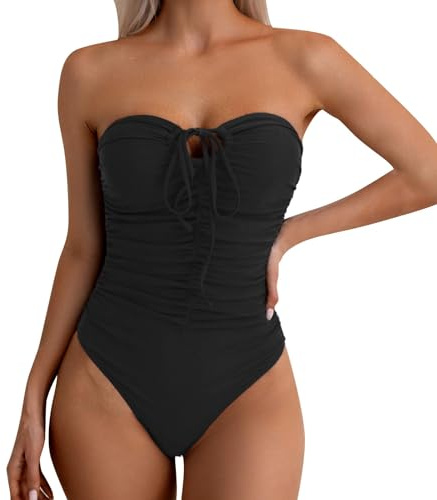 Sllowwa Maillot de bain bandeau gainant noir une pièce pour femme - Couleur unie - Plissé - Sans bretelles - Avec n ud sur le devant - Dos nu - Été 2025, Noir , XL